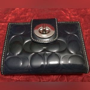 Navy Patent Coach Wallet with Embossed Logo Design